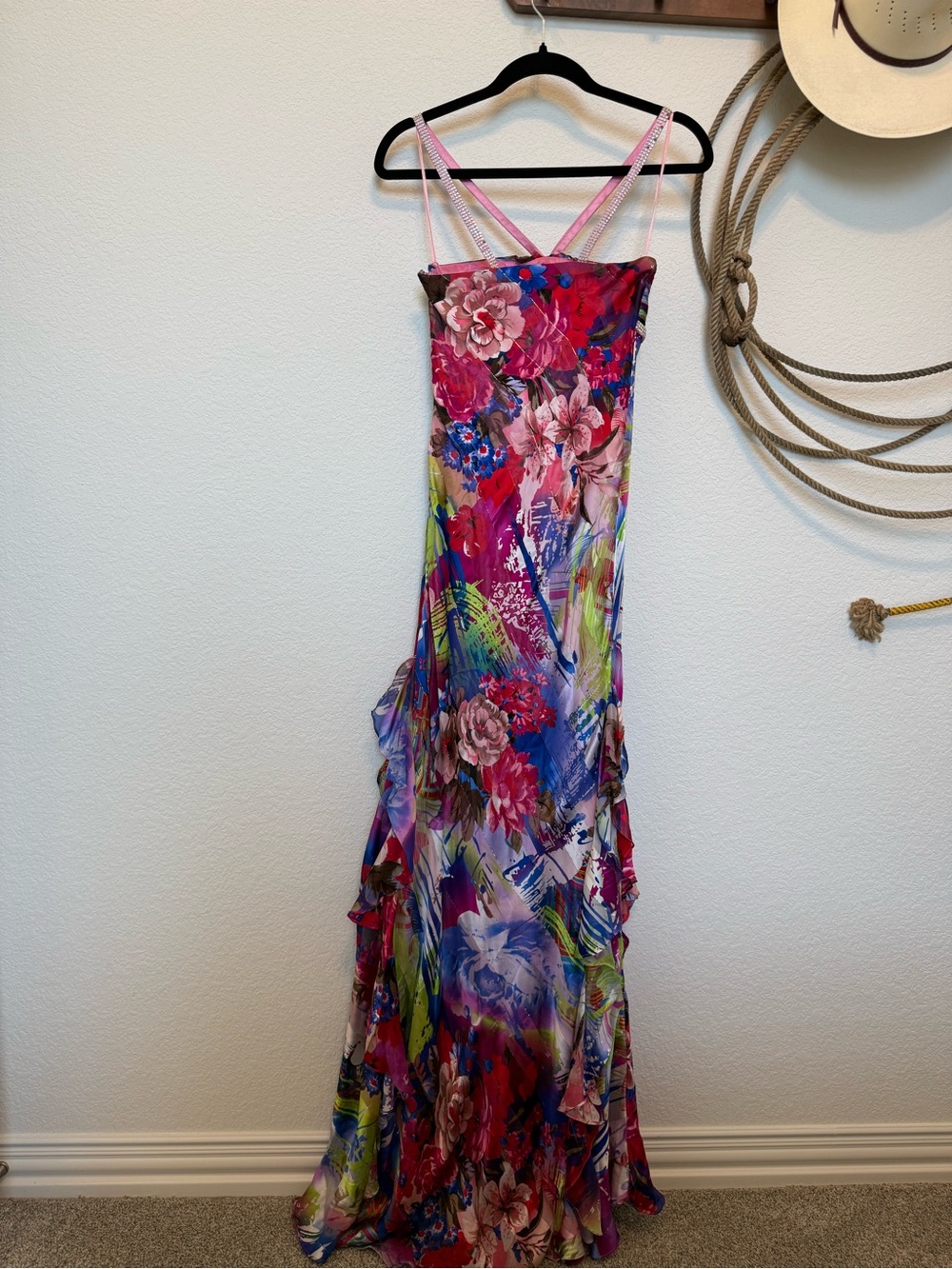 VINTAGE Y2K Caché 100% Silk Ruffle Floral Maxi Gown – Size 0 ✨✨✨ - Picture 2 of 13